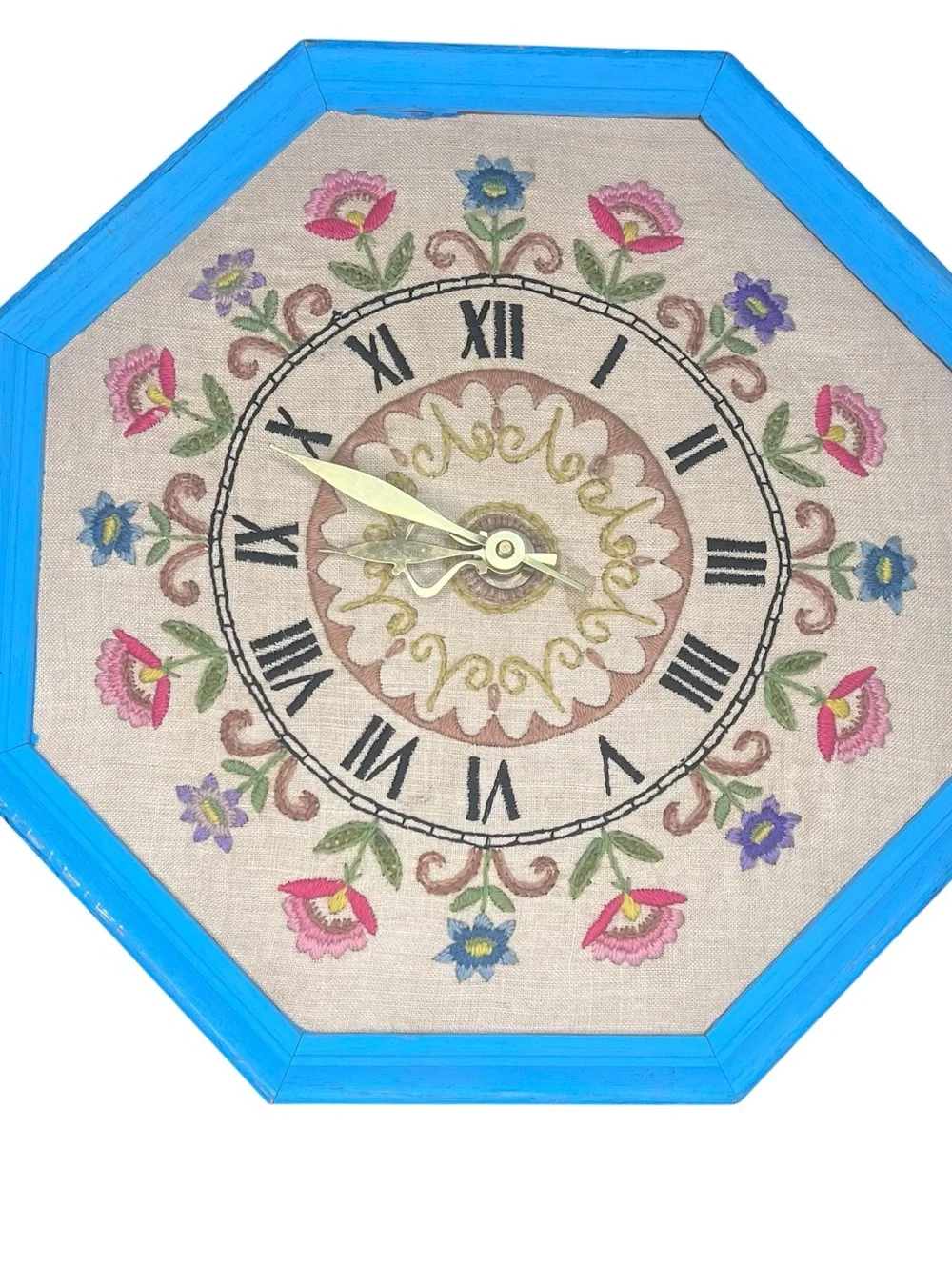 Vintage Needlepoint Handmade Floral Wall Clock with Roman Numbers 14x2